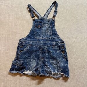 Bandana Paisley Denim Overalls Shortalls Shorts Size L 11-13 Blue Boho Y2K
